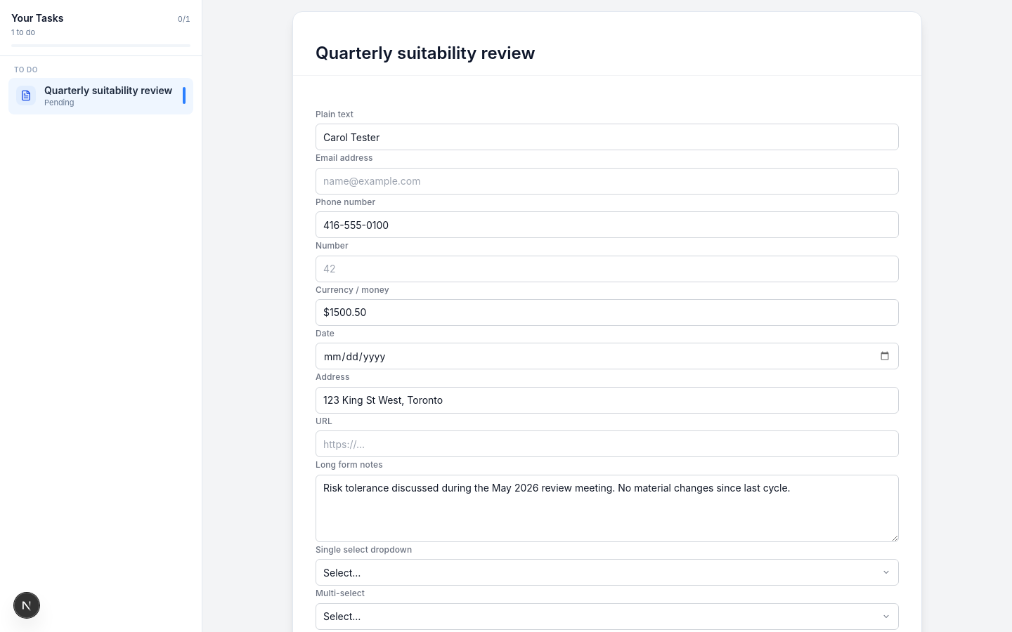 Client filling a form